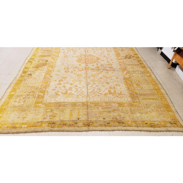 Antique Oushak Carpet, Handmade Oriental Rug, Pale Blue Green, Yellow, Coral Rug For Sale - Image 16 of 18