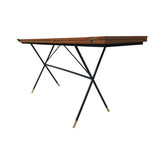 Mid-Century Modern Vintage Rare Mid Century Modern X-Base Wrought Iron Walnut Flip Top Walnut Dining Table / Console / Desk Restored Brass For Sale - Image 3 of 12