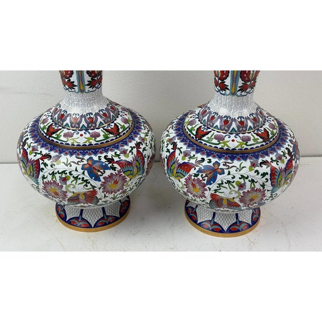 Metal Pair of Chinese Cloisonne Enamel Vases Lotus White and Floral Butterflies For Sale - Image 7 of 10