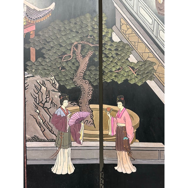 Wood Chinese Coromandel Imperial Palace Courtyard Scene Six-Panel Screen For Sale - Image 7 of 12