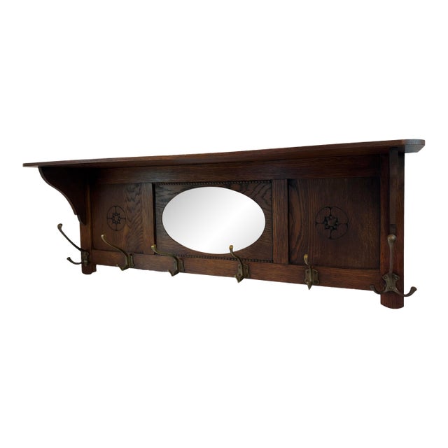Antique Coat Rack With Mirror, Top Shelf and Six Hooks For Sale