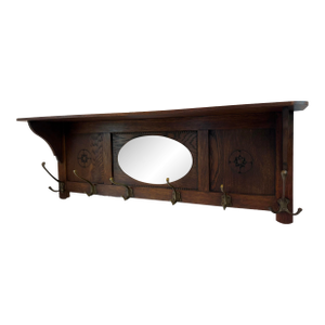 Antique Coat Rack With Mirror, Top Shelf and Six Hooks