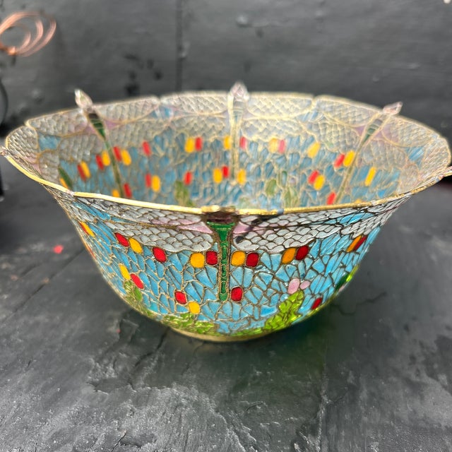 A magnificent vintage Chinese export plique-à-jour (transparent enamel) art glass bowl showcasing the rarest and most...