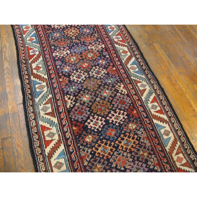 Persian Antique Kurdish Blue Wool Hallway Runner Rug For Sale - Image 3 of 8
