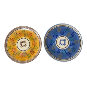 1920s Mismatched K& G Luneville France Salad Plates - Set of 2, Orange/Blue Band, Branches, Brown/Blue Sponged Edge