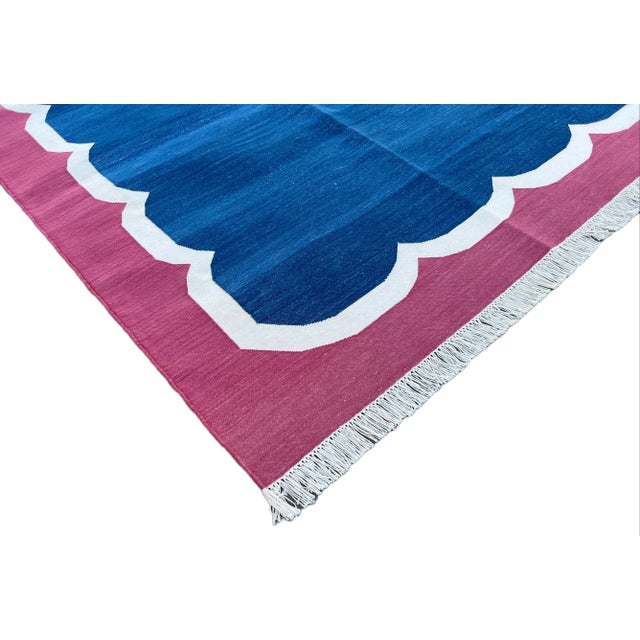Not Yet Made - Made To Order Handmade Cotton Vegetable Dyed Scalloped Rug Indigo Blue With Raspberry Pink Border - 8'x10' For Sale - Image 6 of 11
