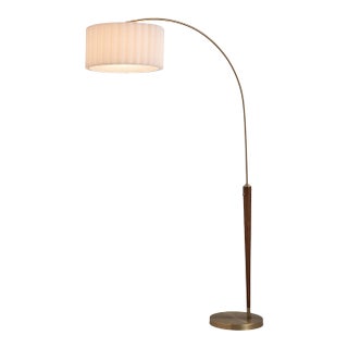 Nova of California 1970s Walnut Scalloped Arc Floor Lamp - Weathered Brass, White Linen, Diffuser, Dimmer For Sale