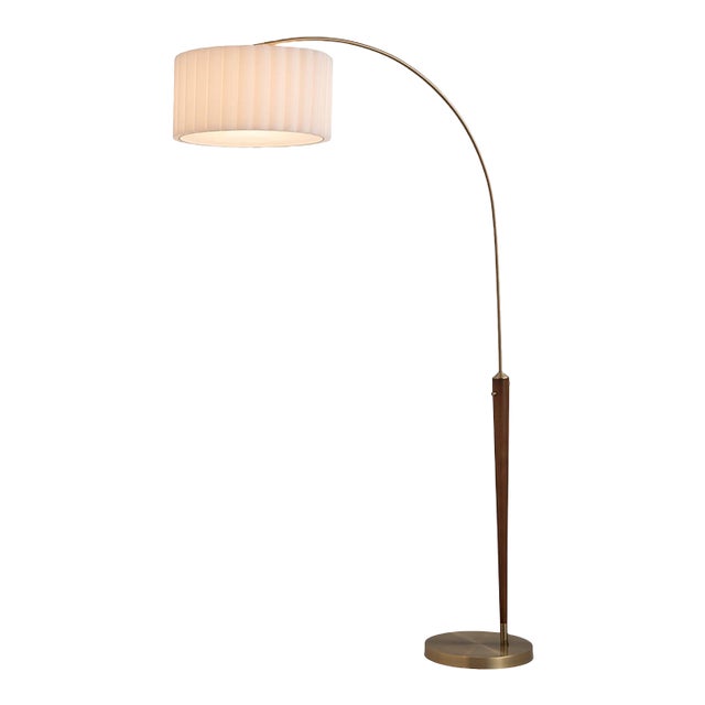 Nova of California 1970s Walnut Scalloped Arc Floor Lamp - Weathered Brass, White Linen, Diffuser, Dimmer For Sale