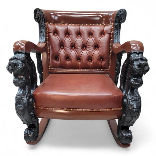 Antique r.j. Horner Style Carved Winged Griffin Tufted Parlor Set Newly Restored & Reupholstered in Leather - 3 Piece Set For Sale In Chicago - Image 6 of 12
