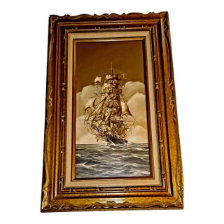 1970s Renato Longanes Oil Painting Titled: Full Sail Clipper in Open Sea For Sale