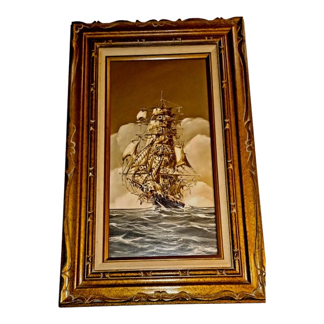 1970s Renato Longanes Oil Painting Titled: Full Sail Clipper in Open Sea For Sale