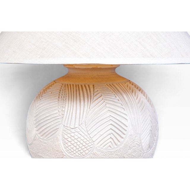 Vintage Postmodern Carved White Plaster Meiping Vase Form Table Lamp With Linen Empire Shade For Sale In Portland, ME - Image 6 of 12
