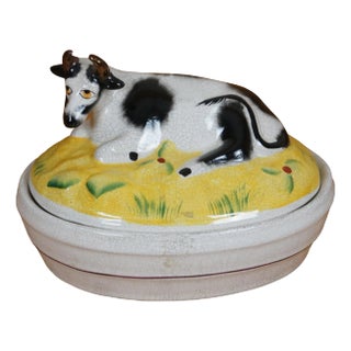 Mid 19th Century Antique Staffordshire Porcelain Cow Lid Butter Dish Tureen Trinket Box For Sale