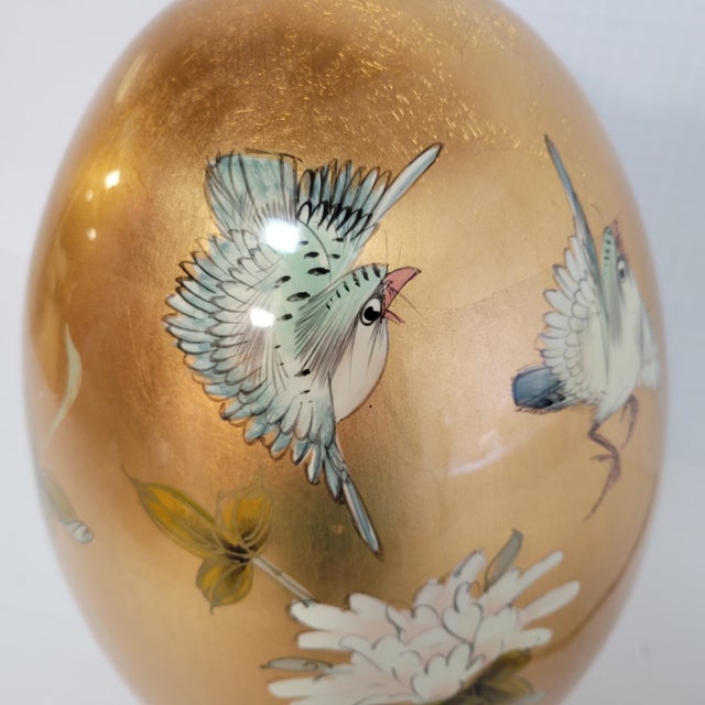 Large Chinoiserie Gold Leaf Porcelain Egg With Birds & Chrysanthemums For Sale - Image 9 of 9