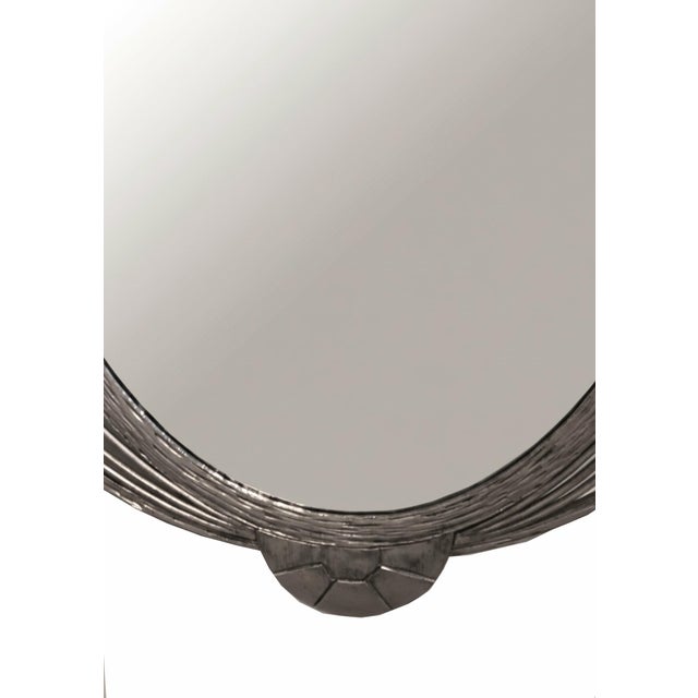 Metal French Art Deco Hand Wrought Nickeled Iron Oval Mirror W/ Linear & Scroll Detail For Sale - Image 7 of 16