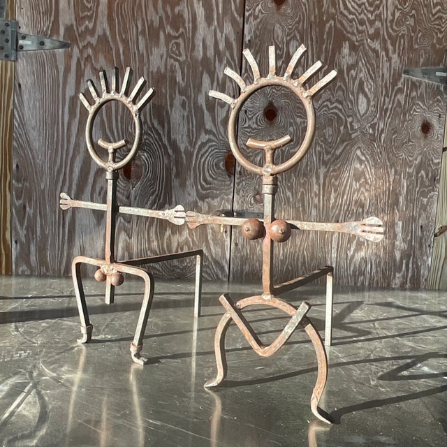 Metal Vintage Brutalist Patinated Man and Woman Andirons - a Pair For Sale - Image 7 of 8