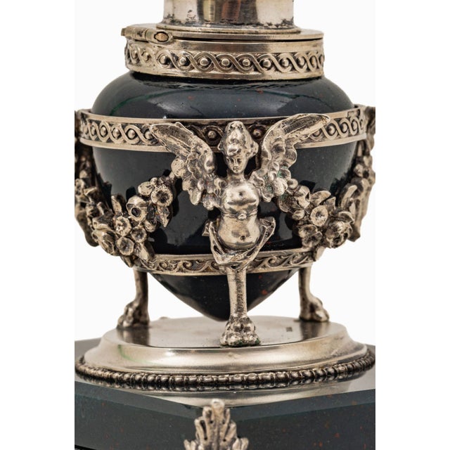 Black Rare French Bloodstone Sterling Silver Cherub Mounted Inkwell, Circa 1920 For Sale - Image 8 of 11
