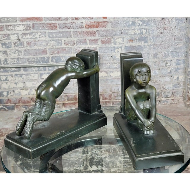 Bronze 1920s Paul Silvestre Boy & Girl Satyr Art Deco Bronze Bookends- a Pair For Sale - Image 8 of 13