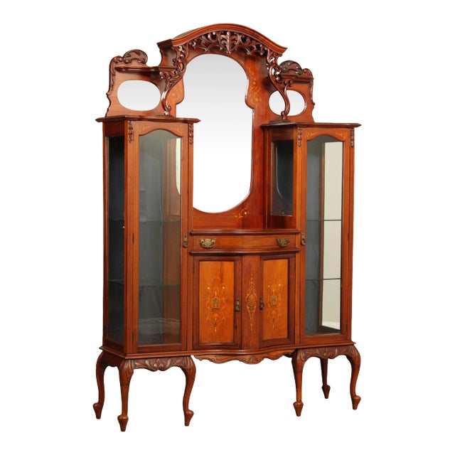 Antique Edwardian Mahogany Carved and Inlaid Double Display Etagere Cabinet For Sale