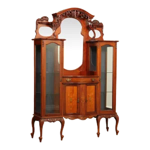 Antique Edwardian Mahogany Carved and Inlaid Double Display Etagere Cabinet