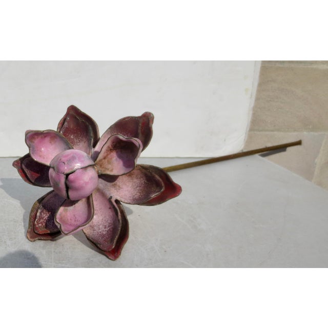 Enamel flowers with moving petals in three tiers. Lovely mauve/pink color on a thorny brass long stem (removable and...