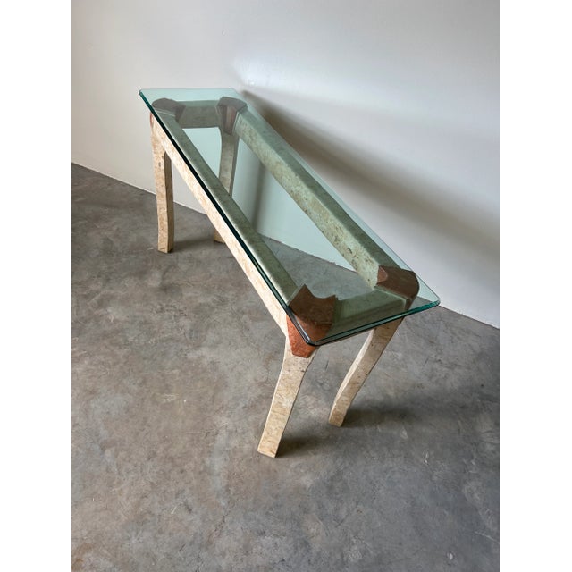 Mid-Century Modern Maitland Smith Tessellated Stone and Glass Top Console Table For Sale - Image 3 of 12