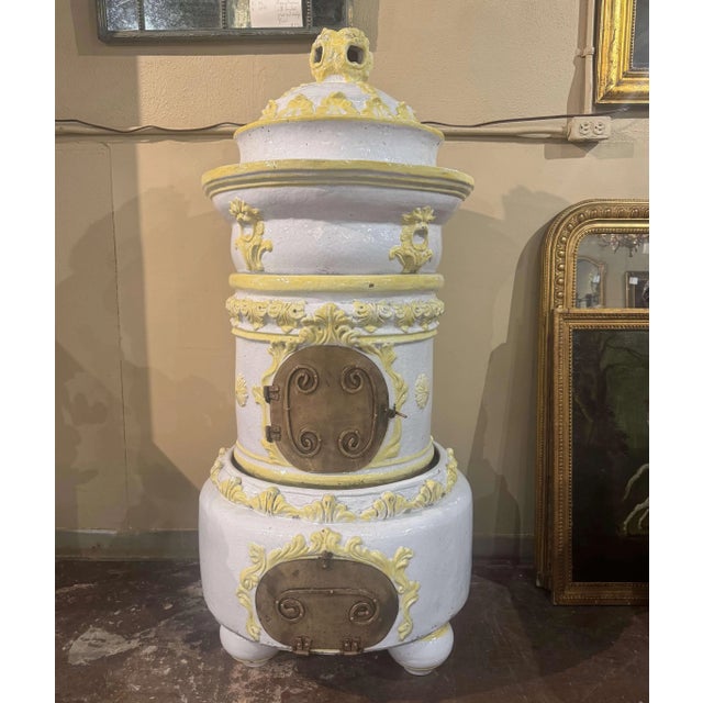 Late 19th Century 19th Century French Glazed Terracotta and Brass Wood-Burning Stove For Sale - Image 5 of 13