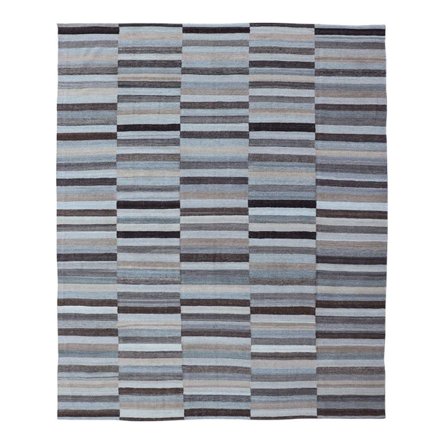 Modern Flat-Weave Kilim Rug in Multi-Panel Striped Design in Earthy Tones For Sale