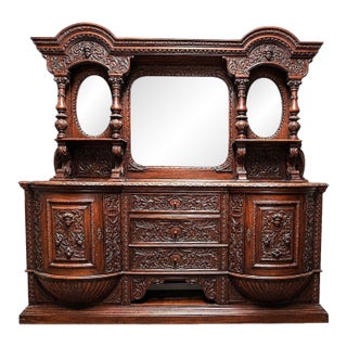 American Victorian Oak Sideboard With Carved Details & Triple Mirror, c.1880 For Sale