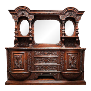 American Victorian Oak Sideboard With Carved Details & Triple Mirror, c.1880