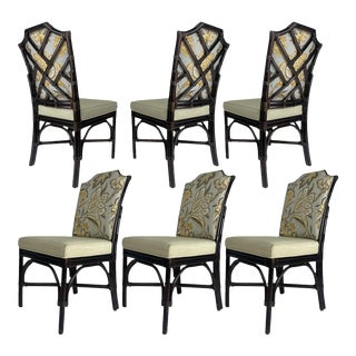 Mid 20th Century Chinoiserie Chinese Chippendale Bamboo Rattan Dining Chairs - Set of 6 For Sale