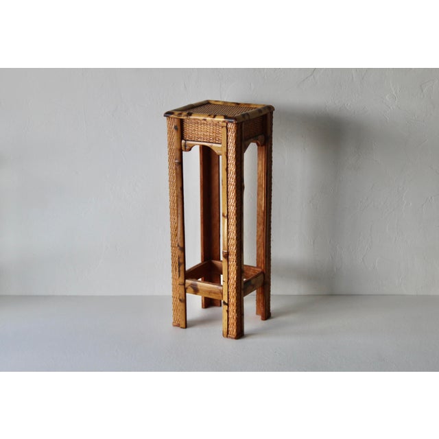Vintage Scorched "Tortoise Shell" Style Bamboo Wicker Plant Stand Mid-Century For Sale - Image 10 of 13