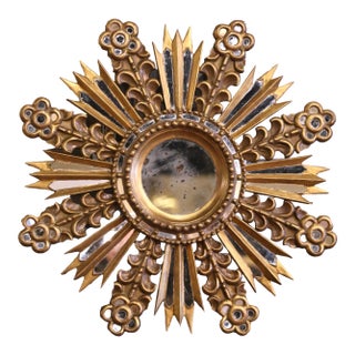 Early 20th Century Spanish Giltwood Sunburst Wall Mirror With Mirrored Insets For Sale