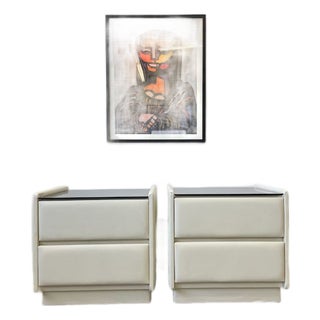 1980s Pair of Custom Vinyl & Smoked Glass Nightstands For Sale