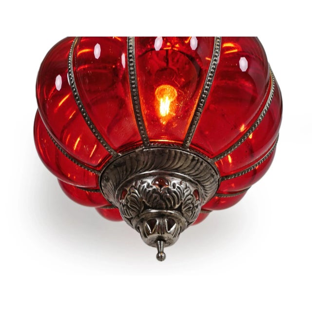 Indian Vintage Red Glass Pumpkin Pendant Light For Sale - Image 3 of 6