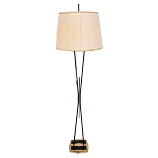 Brass and Black Lacquered Metal Floor Lamp, 1950s For Sale