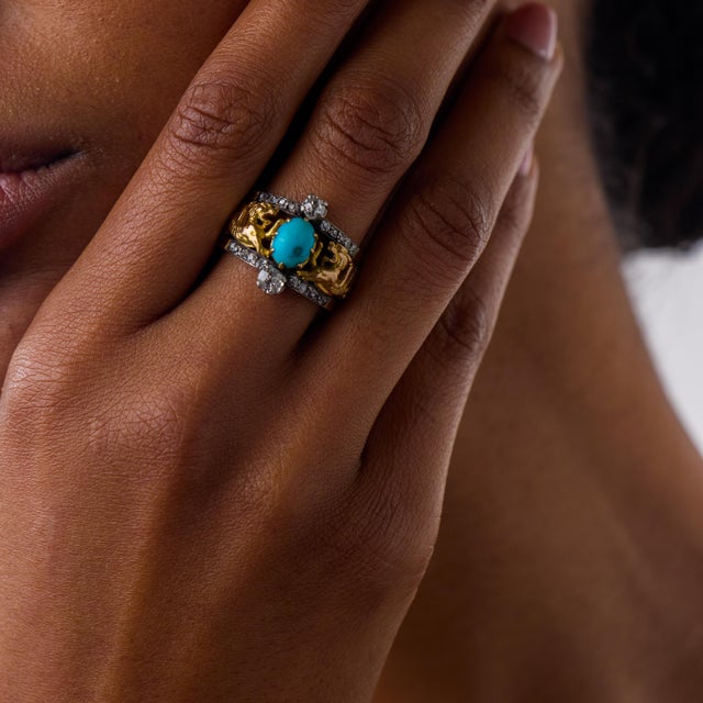 1910s 1910s Art Nouveau Turquoise Diamond 18k Yellow Gold Dragon Band, Size 7.5 For Sale - Image 5 of 6