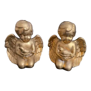 Vintage Gold Cherub Holding Dove Bisque Figurines - a Pair