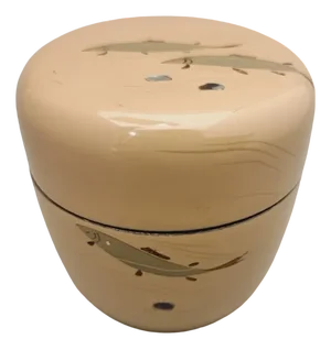 Vintage Japanese Netsuke Matcha Conatiner with Maki-E Lacquer in Cream Colour with Sleek Salmons and Decorative Inlay, 1960s