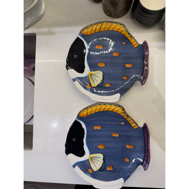 Contemporary Studio Nova Vintage Hand Painted Fish Plates - Set of 2 For Sale - Image 3 of 6