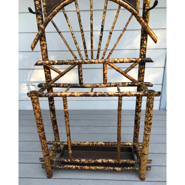 Wood English Hall Stand Tortoise Shell Bamboo Aesthetic Style Beveled Crescent Mirror For Sale - Image 7 of 12