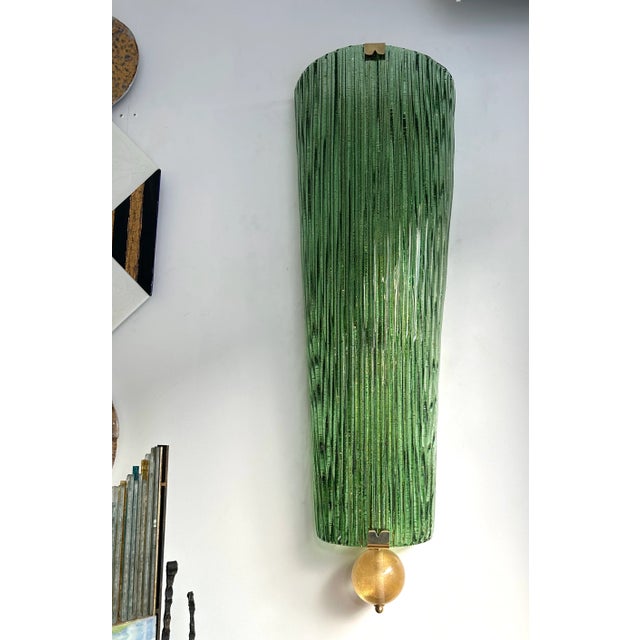 Large tall Pair of Contemporary green Murano glass with gold leaf and brass wall lights lighting lamps sconces....