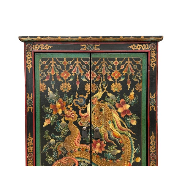 2000 - 2009 Tibetan Style Golden Dragon Graphic Tall Slim Narrow Storage Cabinet For Sale - Image 5 of 10