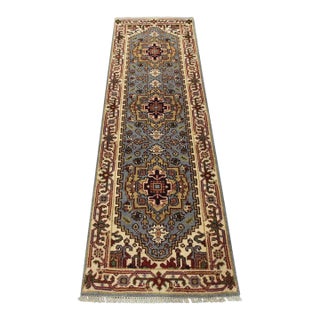 Heriz Runner 2’7” X 8’3” Blue Wool Tribal Hand-Knotted Oriental Rug For Sale