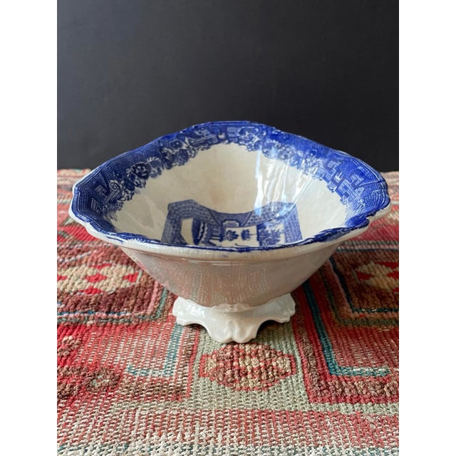 Early 20th Century Antique English Blue Willow Transferware Oval Footed Serving Dish For Sale - Image 5 of 9