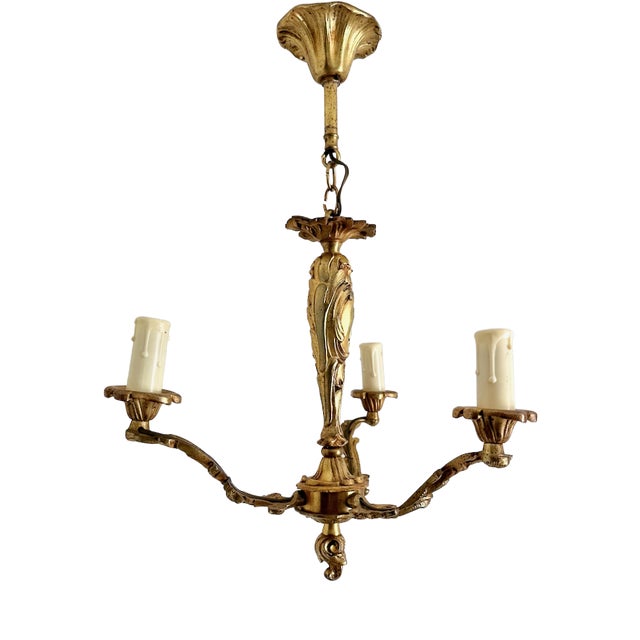 Louis XV Cast Brass Three-Light Chandelier, France, 1940s For Sale