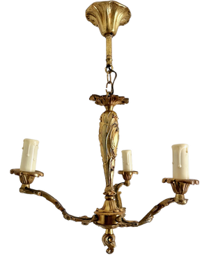 Louis XV Cast Brass Three-Light Chandelier, France, 1940s