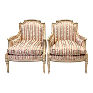Blue and Cream Carved and Painted Club Chairs With Swedish Styling, Pair For Sale