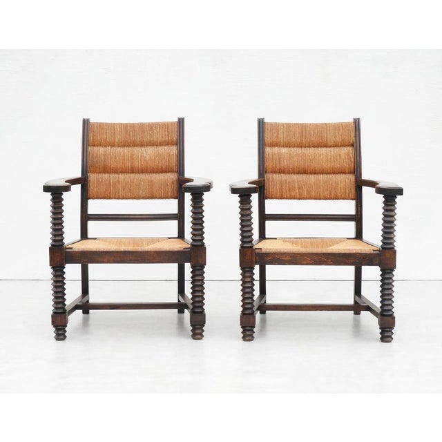 French Oak and Rush Armchairs by Charles Dudouyt, 1940s, Set of 2 For Sale - Image 9 of 9