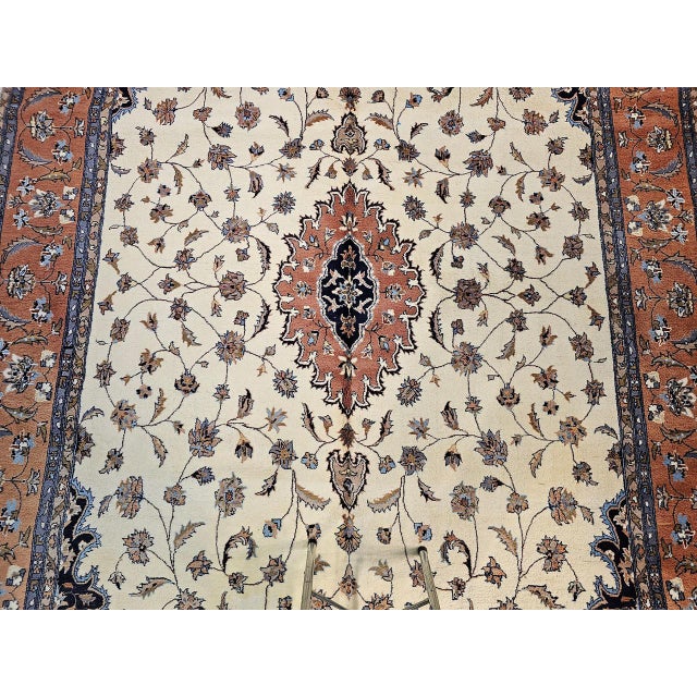 Textile Vintage Tabriz Rug, Hand-Knotted Wool, Floral Medallion Pattern, Ivory & Terracotta, 9x13 For Sale - Image 7 of 13